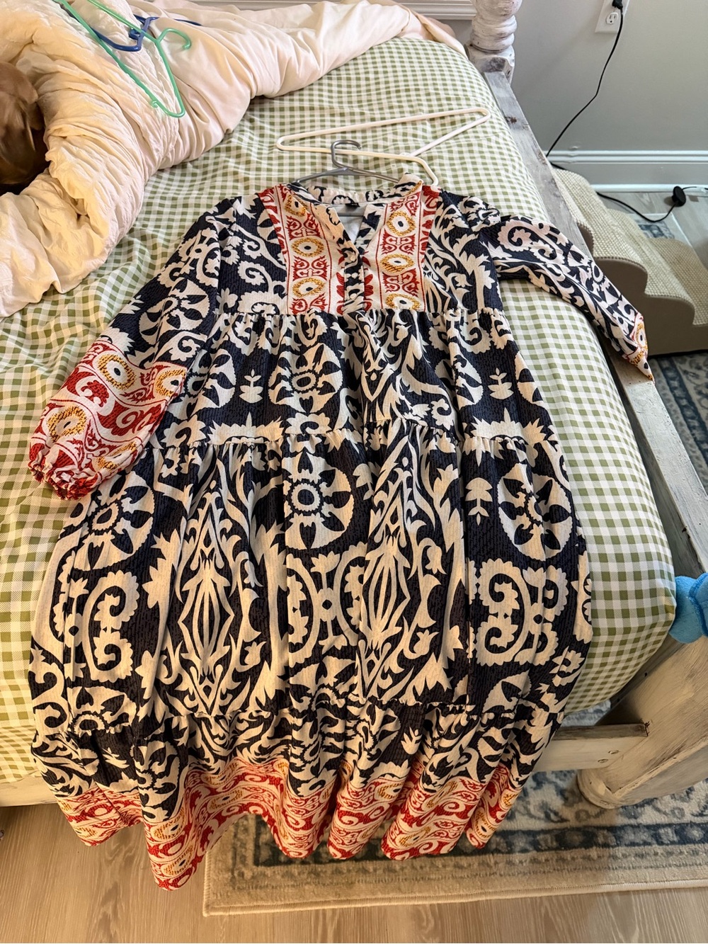 Girls Navy & Cream Printed Tiered Dress with Red Accent